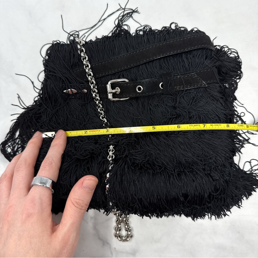 Christian Louboutin Belted Fringe Suede Crossbody Bucket Bag Chain Strap Black - Picture 9 of 13